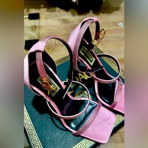 Fendace Pink Satin Embellished Heels with the Medusa Head Safety Pin details.